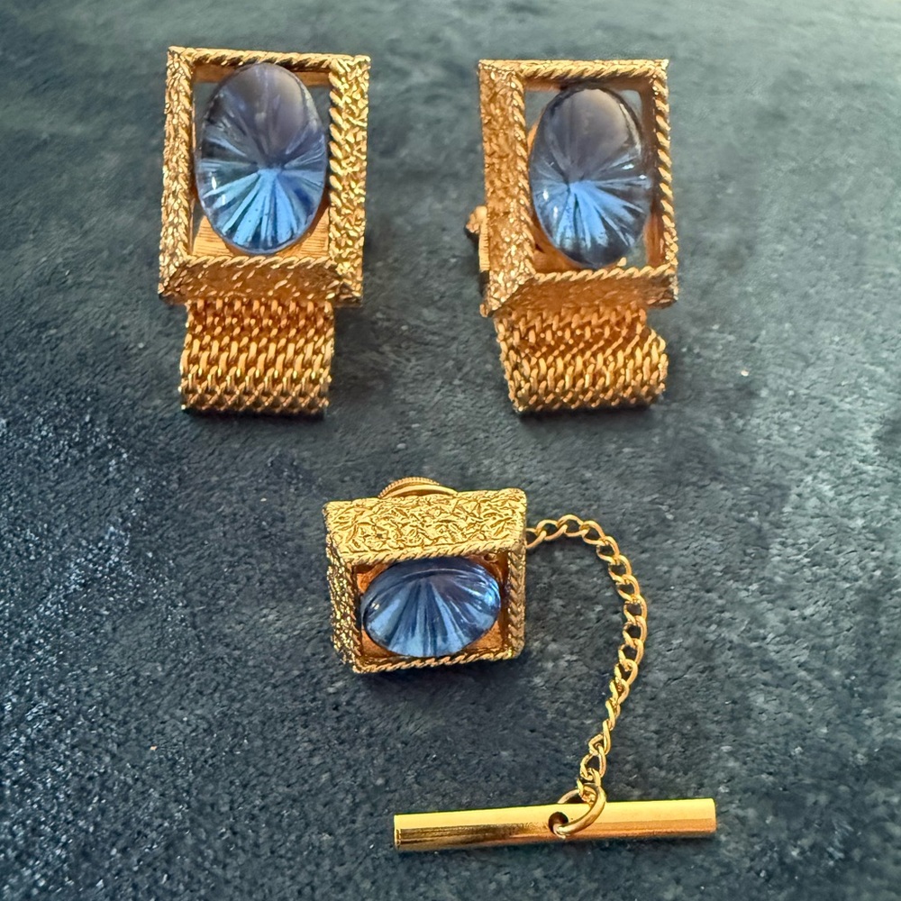 Estate gold and Blue Cufflinks and Tie Clip Set